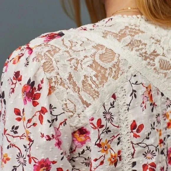 Anthropologie Puff Sleeved Lace Buttondown Top Blouse Multi Floral Boho - Picture 3 of 16